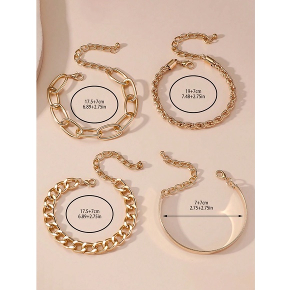 Set of 4 Fashion Bracelets Bohemian Style Link Chain Cuff Gold tone Metal Iron - Picture 4 of 5